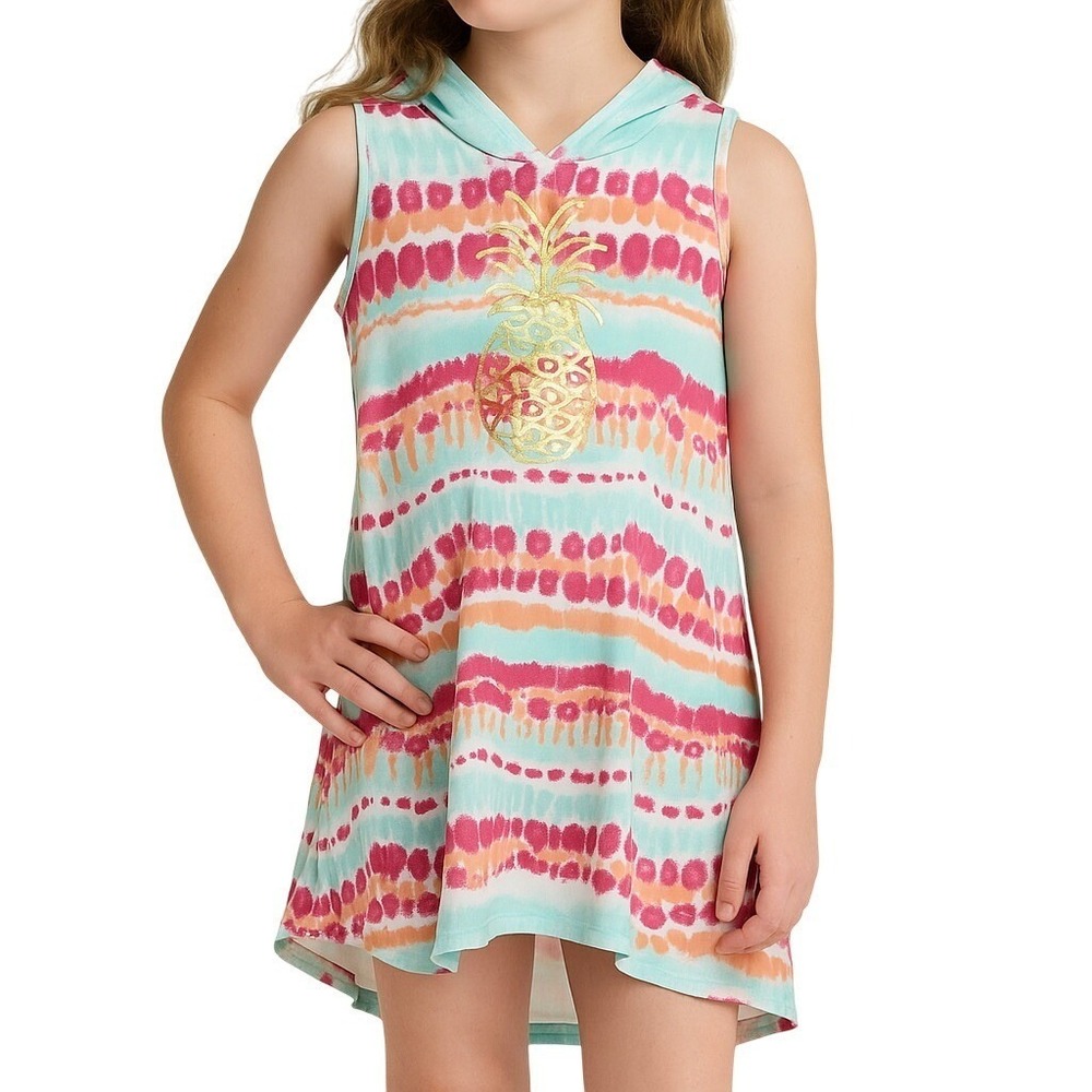 Girls Tie-Dye Hooded Pineapple Dress Sleeveless High-Low Hem Size 14/16